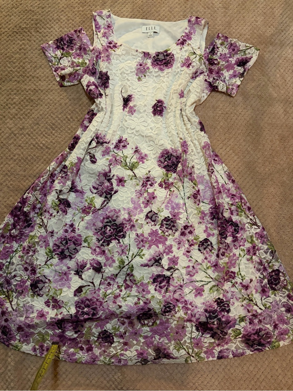 Elle White Lace Midi Dress with Purple Floral Print